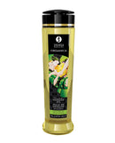 Shunga Organica Kissable Massage Oil 8 oz Exotic Green Tea bottle with vibrant design and organic appeal.