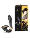 Shunga Soyo Intimate Massager Black with elegant packaging showcasing design features and dual-stimulation capabilities.
