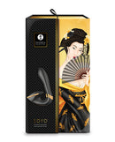 Shunga Soyo Intimate Massager Black packaging featuring a seductive design and elegant artwork.