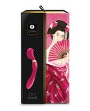 Shunga Zoa Intimate Massager Raspberry packaging featuring a woman holding a fan, stylish and elegant design.