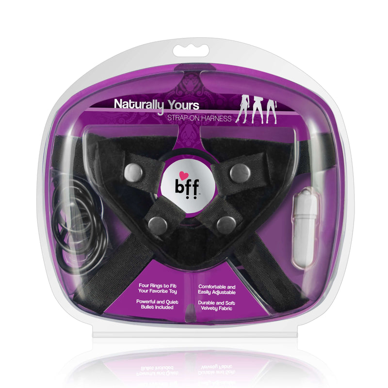 BFF Naturally Yours Strap On Harness with adjustable design, four rings, and included bullet vibrator for enhanced pleasure.