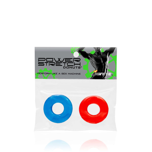 Power Stretch Donuts 2-Pack Red/Blue stretchy cock rings in packaging for enhanced bedroom performance and stamina.