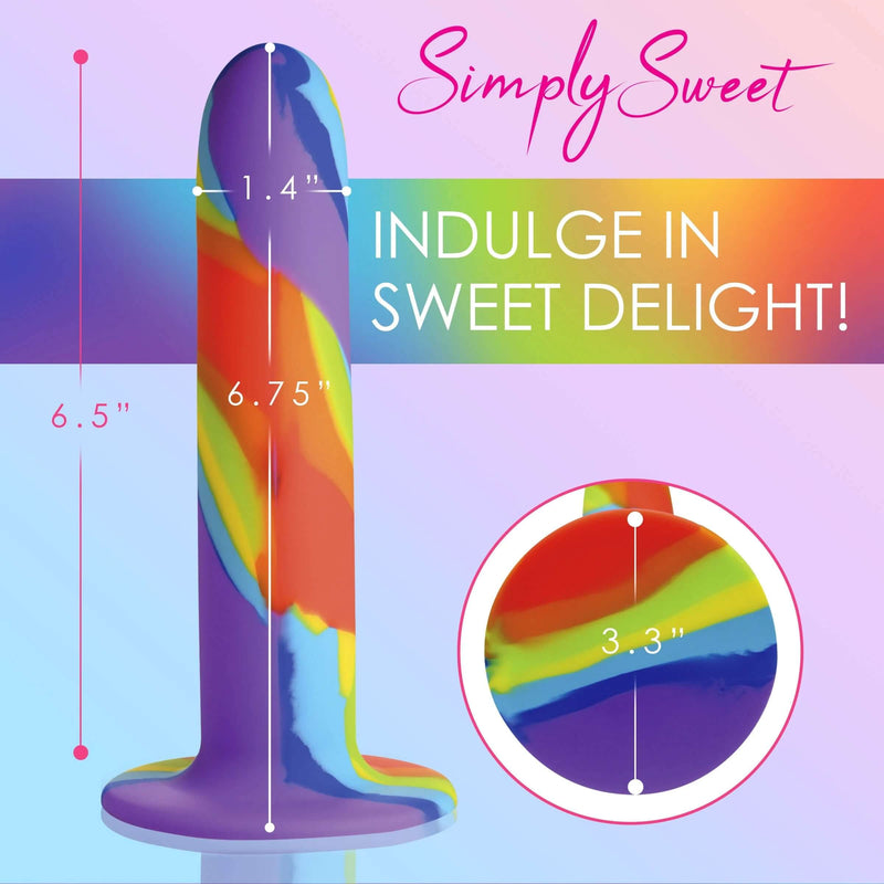 Simply Sweet Rainbow Silicone Dildo showcasing dimensions and vibrant colors for a luxurious intimate experience.