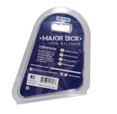 Product packaging for Major Dick 100% Silicone Cock Ring with blue camo design, featuring cleaning instructions and social media links.