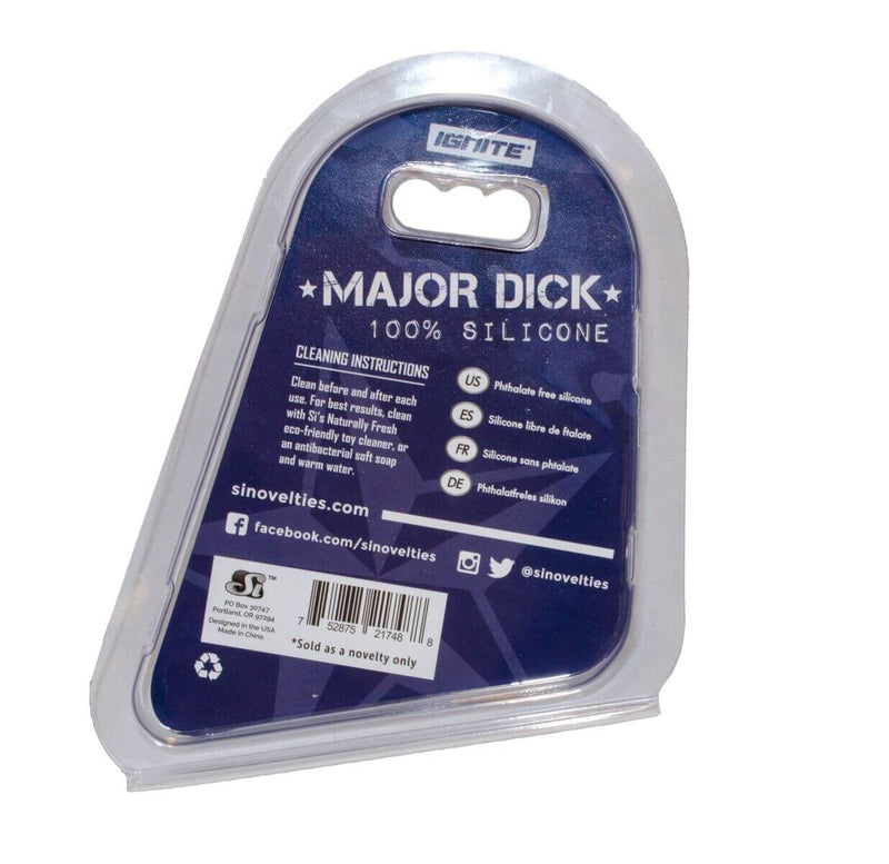 Product packaging for Major Dick 100% Silicone Cock Ring with blue camo design, featuring cleaning instructions and social media links.