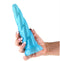 Blue Fantasia Siren dildo held in a hand, showcasing its sleek design and vibrant color.