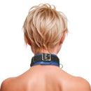 Strict Leather Deluxe Locking Collar Blue and Black worn from behind with a lockable buckle.