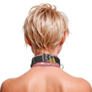 Strict Leather Deluxe Locking Collar Pink and Black showcased on a model from the back with a lock visible.