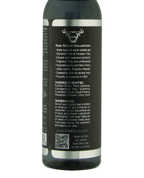 Bottle of Ride Rocco Water Based Lube with ingredient list and product details on the label.