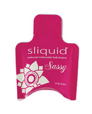 Sliquid Naturals Sassy Anal Lube Pillow .17 oz packaging with pink design and glycerin-free label.