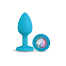 Gemma Clear Iridescent Gem Teal Silicone Butt Plug Medium with tapered tip and sparkling gemstone.
