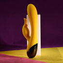 Yellow rechargeable silicone rabbit vibrator with dual motors, featuring a sleek design and bunny stimulator.