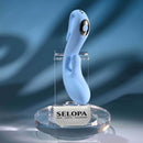 Selopa Smooth Operator G-Spot Vibrator Blue displayed on a stand, showcasing its curvy design and bulbous tip.