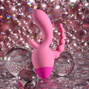 Selopa Game On Triple Stimulation Vibrator Pink on a shiny pink background with decorative bubbles.