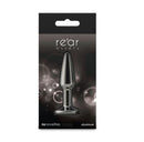 Rear Assets Chrome Tapered Anal Plug Small Gray in packaging, elegant and designed for intimate wellness.
