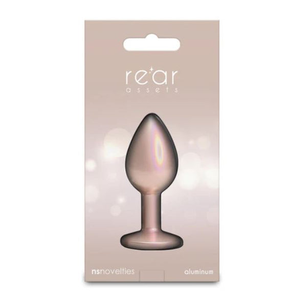 Rear Assets Chrome Anal Plug Small Tan in elegant packaging with a sleek design for sensual exploration.