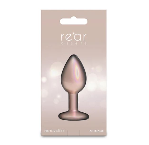 Rear Assets Chrome Anal Plug Small Tan in elegant packaging with a sleek design for sensual exploration.