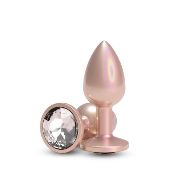 Rear Assets Chrome Anal Plug Small Tan with gem detail for elegant anal pleasure and comfort.