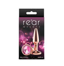 Rear Assets Chrome Tapered Anal Plug Small Rose Gold packaged with a sparkling gem on the base, luxurious and elegant design.