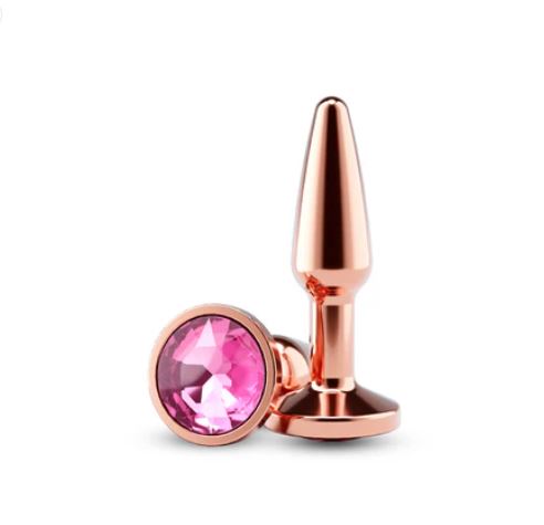 Rear Assets Chrome Tapered Anal Plug Small Rose Gold with pink gemstone detail for luxurious intimate wellness.