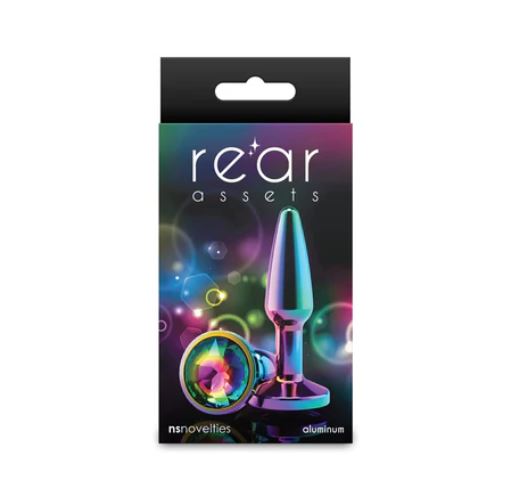 Rear Assets Chrome Tapered Anal Plug Small Rainbow packaging with colorful design and gem accent.