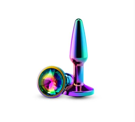 Rear Assets Chrome Tapered Anal Plug Small Rainbow in vibrant rainbow colors with tapered design.