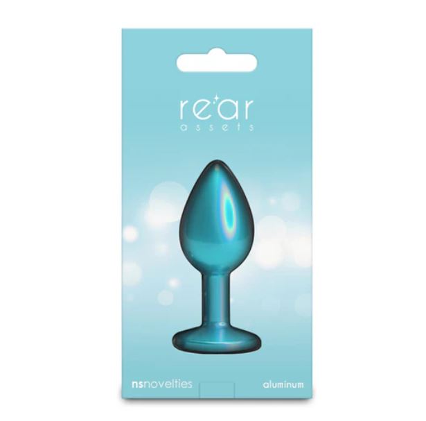 Rear Assets Chrome Anal Plug Small Teal in packaging displaying its elegant design and body-safe aluminum material.