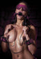 Woman wearing Dragon's Lair 5-Piece Bondage Set by Whipsmart with ball gag, eye mask, nipple clamps, and wrist cuffs. Sensory exploration kit.