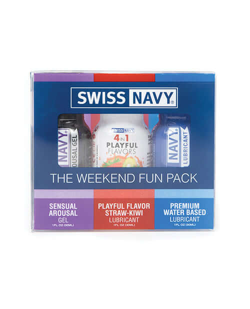 Swiss Navy Weekend Fun Pack featuring sensual arousal gel, playful flavor lubricant, and premium water-based lubricant.