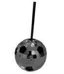 Soccer Disco Ball Cup in silver with black panels and a straw, perfect for game-day drinkware.
