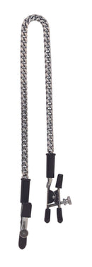 Adjustable gator nipple clamps with jewel chain and rubber-tipped ends for customizable sensation and comfort.