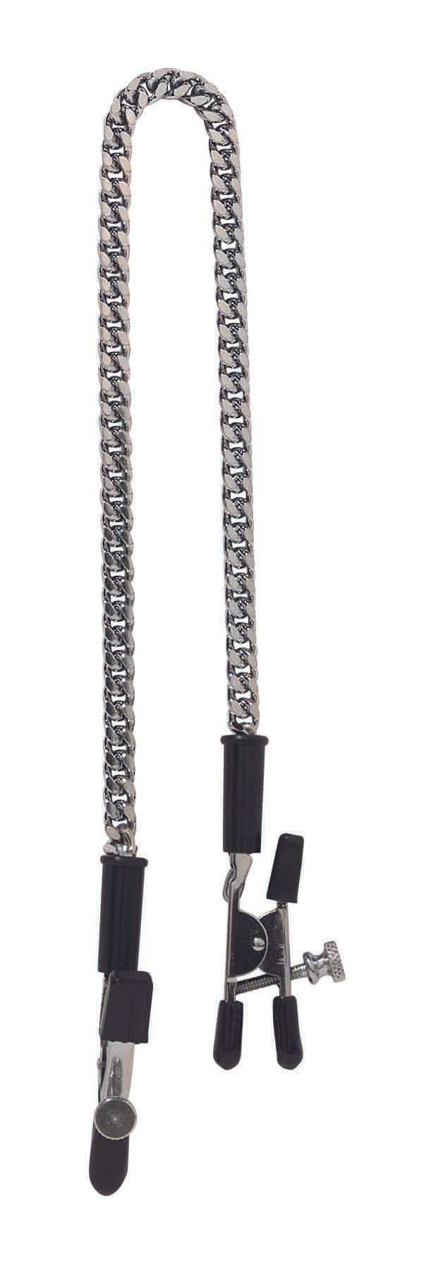 Adjustable gator nipple clamps with jewel chain and rubber-tipped ends for customizable sensation and comfort.