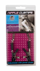 Spartacus Adjustable Gator Nipple Clamps with Jewel Chain packaging on display