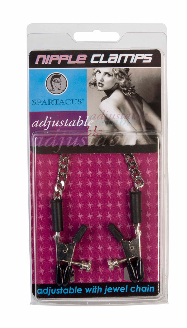 Spartacus Adjustable Gator Nipple Clamps with Jewel Chain packaging on display