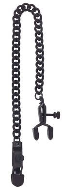 Blackline adjustable nipple clamps with rubber tips and chain, ideal for fetish play and customizable intensity.