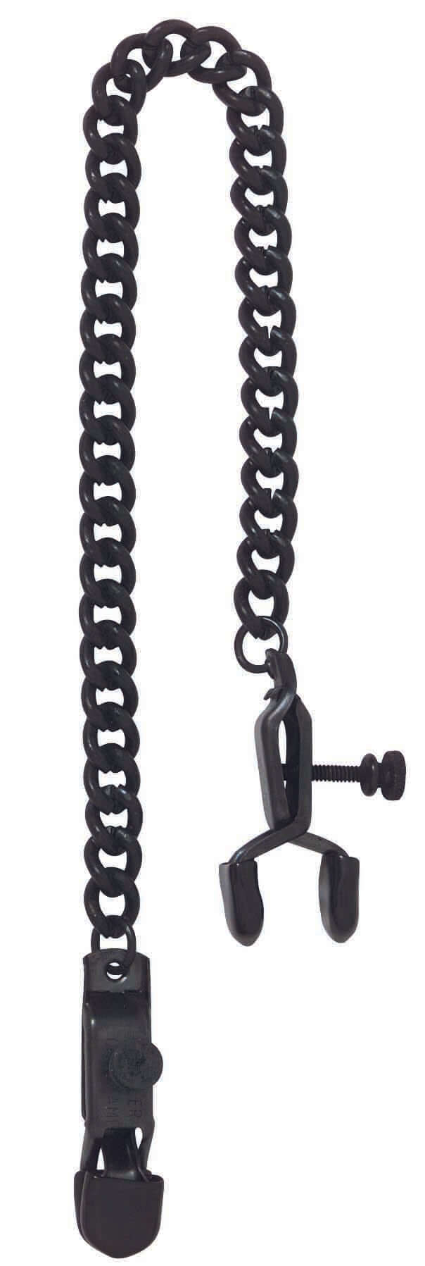 Blackline adjustable nipple clamps with rubber tips and chain, ideal for fetish play and customizable intensity.