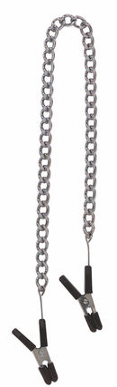 Spartacus Adjustable Jumper Cable Nipple Clamps with Chain featuring rubber-tipped jaws for intense nipple play.