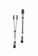 Black tweezer nipple clamps with beads and adjustable slider for gentle pinch. Rubber-dipped tips, ideal for beginners.