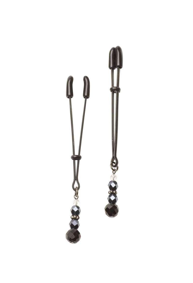 Black tweezer nipple clamps with beads and adjustable slider for gentle pinch. Rubber-dipped tips, ideal for beginners.