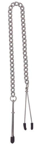 Silver Spartacus adjustable tweezer nipple clamps with rubber tips and elegant link chain for sensual play.
