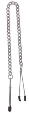 Silver Spartacus adjustable tweezer nipple clamps with rubber tips and elegant link chain for sensual play.