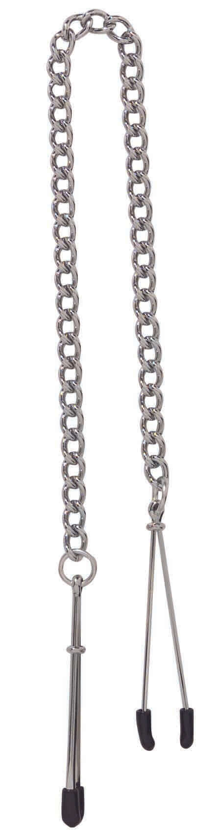 Silver Spartacus adjustable tweezer nipple clamps with rubber tips and elegant link chain for sensual play.