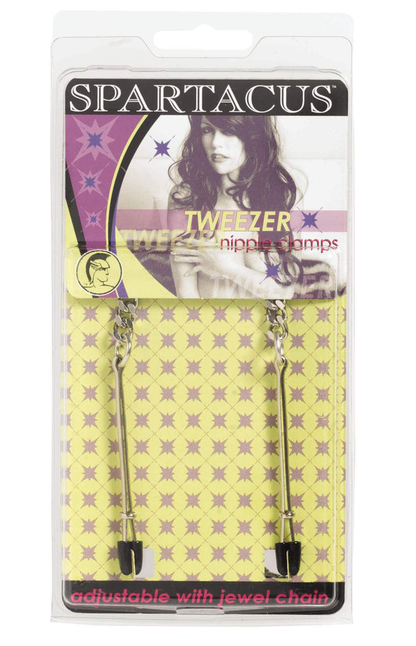Spartacus adjustable tweezer clamps with jewel chain packaging, designed for sensory nipple play and adjustable pressure.