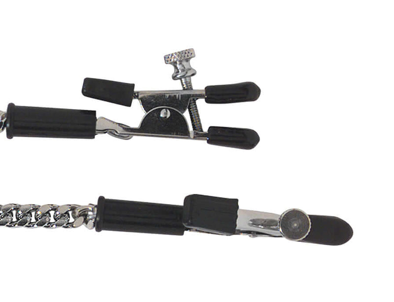 Spartacus adjustable gator nipple clamps with rubber tips and jewel chain for customizable sensation.