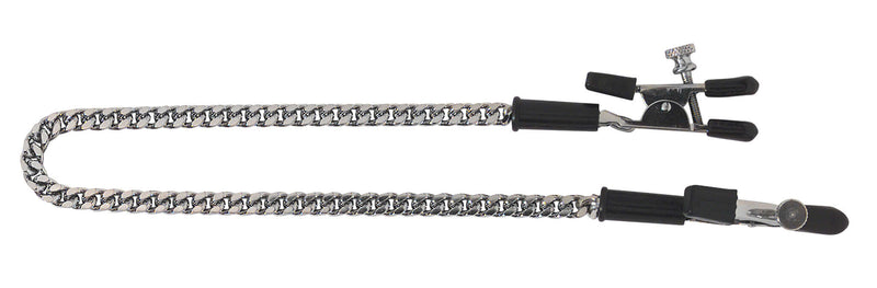 Spartacus Adjustable Gator Nipple Clamps with jewel chain and rubber-tipped, wide alligator ends for customizable sensation.