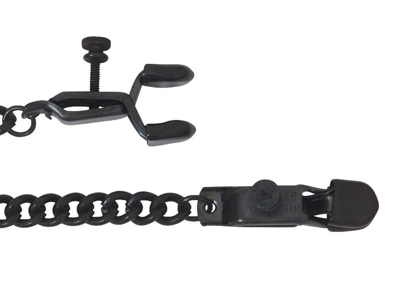 Blackline adjustable nipple clamps with link chain, rubber-tipped for comfort, ideal for varied sensation play.