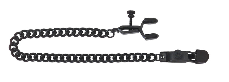 Blackline adjustable nipple clamps with rubber tips and chain for fetish play.