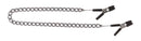 Spartacus Adjustable Jumper Cable Nipple Clamps with Chain featuring rubber-tipped jaws and a metallic chain.