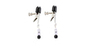Spartacus adjustable nipple clamps with purple beads and rubber tips in alligator style for sensory play.