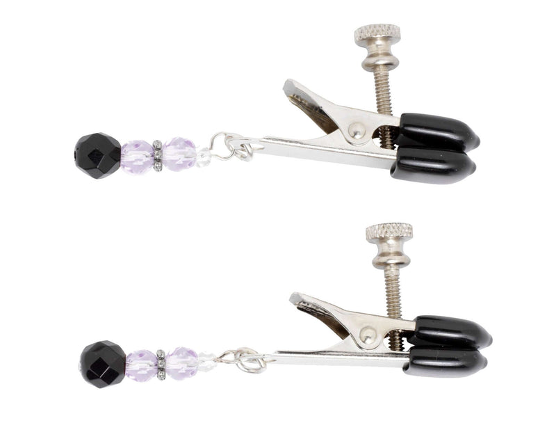 Broad Tip Adjustable Nipple Clamps with Purple Beads Alligator Style, Rubber Comfort Tips for Sensory Play.